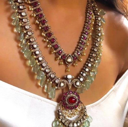 Semiprecious stone choker necklace set with Mossanite, polki American diamonds adjustable gold polished