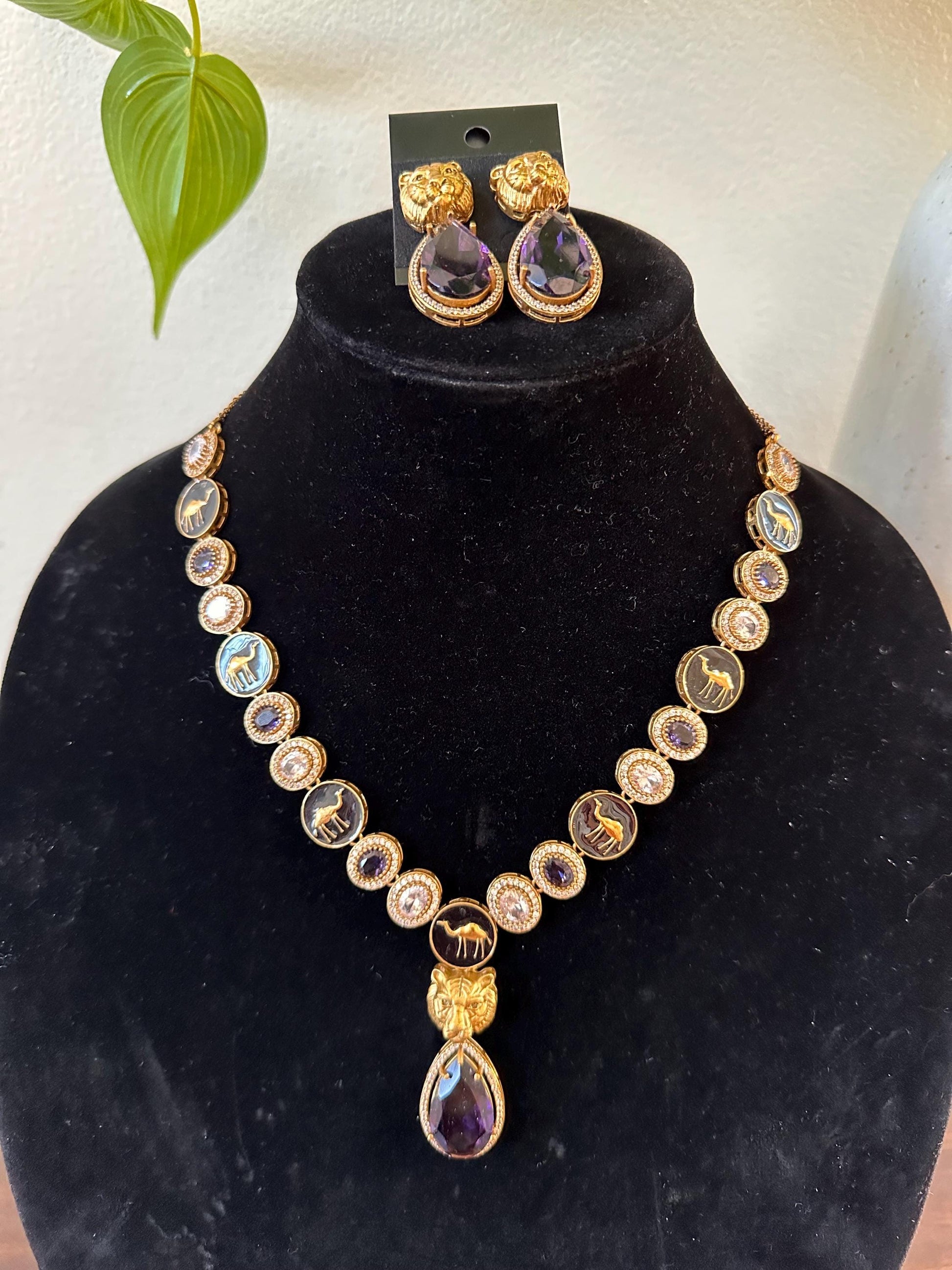 Sabyasachi inspired long necklace set purple stone gold polished