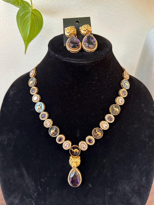 Sabyasachi inspired long necklace set purple stone gold polished