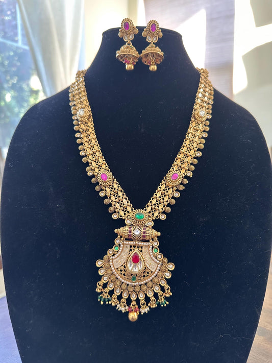Rajwadi necklace set long, adjustable gold polished