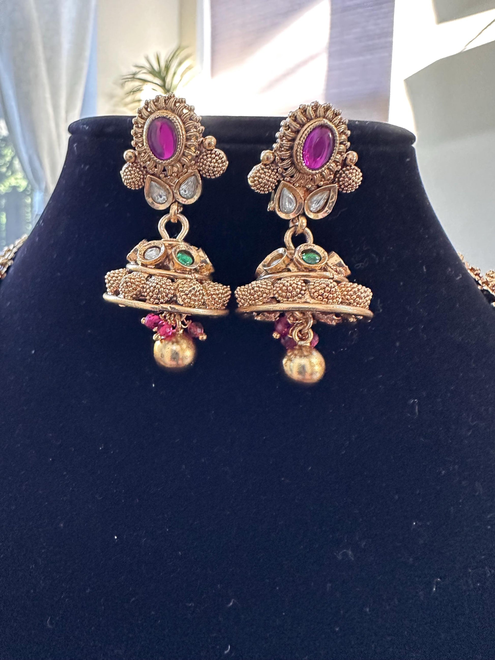 Rajwadi necklace set long, adjustable gold polished