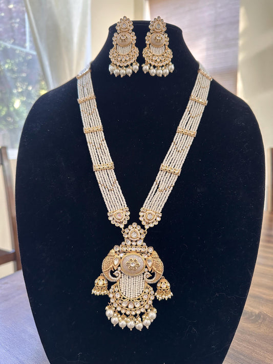 Amrapali style Rajwadi necklace set long, adjustable gold foil work polished, real mossanite, doublet stone with carving and gold inlay work
