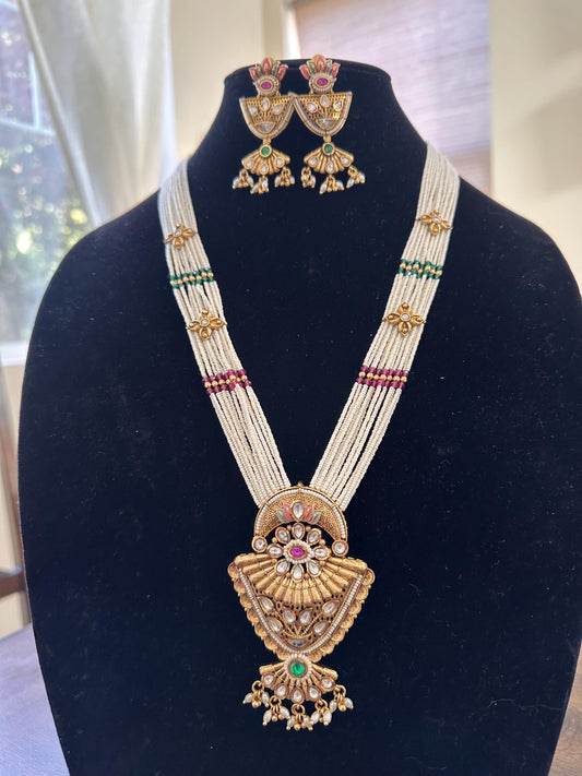 Rajwadi necklace set long, adjustable gold polished