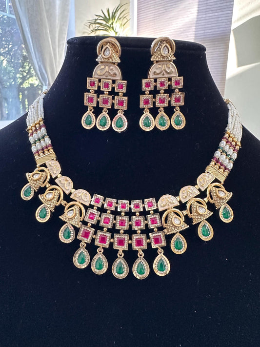 Rajwadi necklace set short with polki work, adjustable gold polished