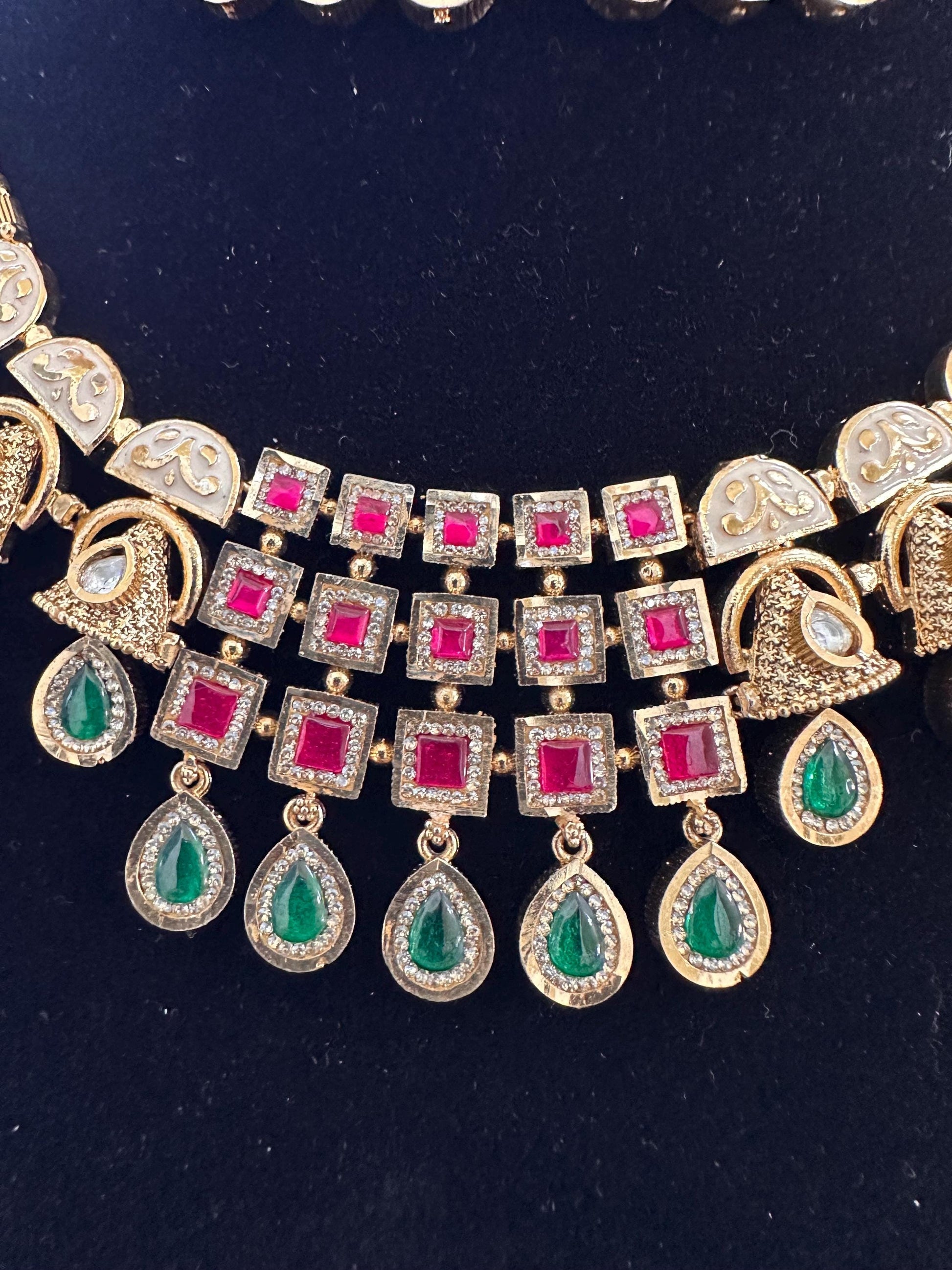 Rajwadi necklace set short with polki work, adjustable gold polished