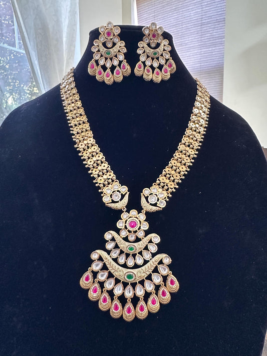 Rajwadi necklace set long with polki and American diamonds, adjustable gold polished