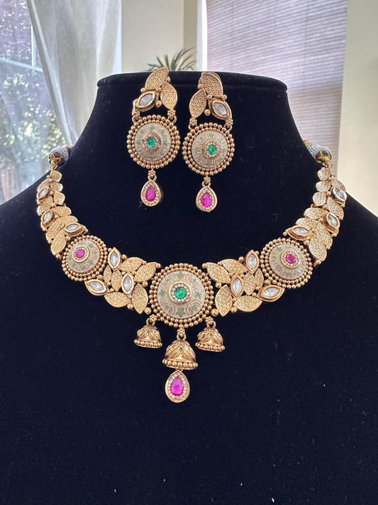 Rajwadi necklace set long, adjustable gold polished