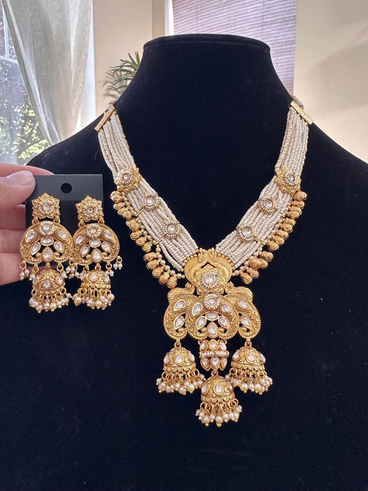 Amrapali style Rajwadi necklace set with polki, adjustable gold polished
