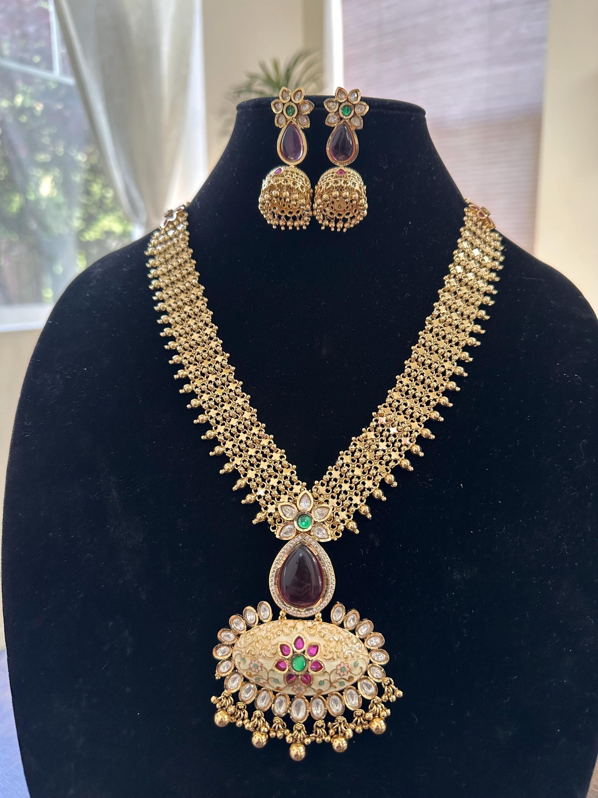 Rajwadi necklace set long, adjustable gold polished