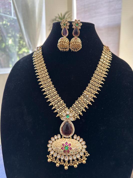Rajwadi necklace set long, adjustable gold polished