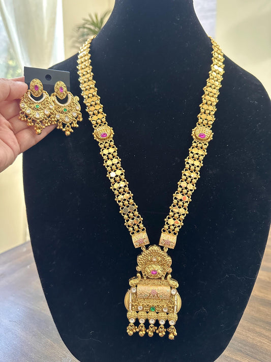 Rajwadi necklace set long, adjustable gold polished