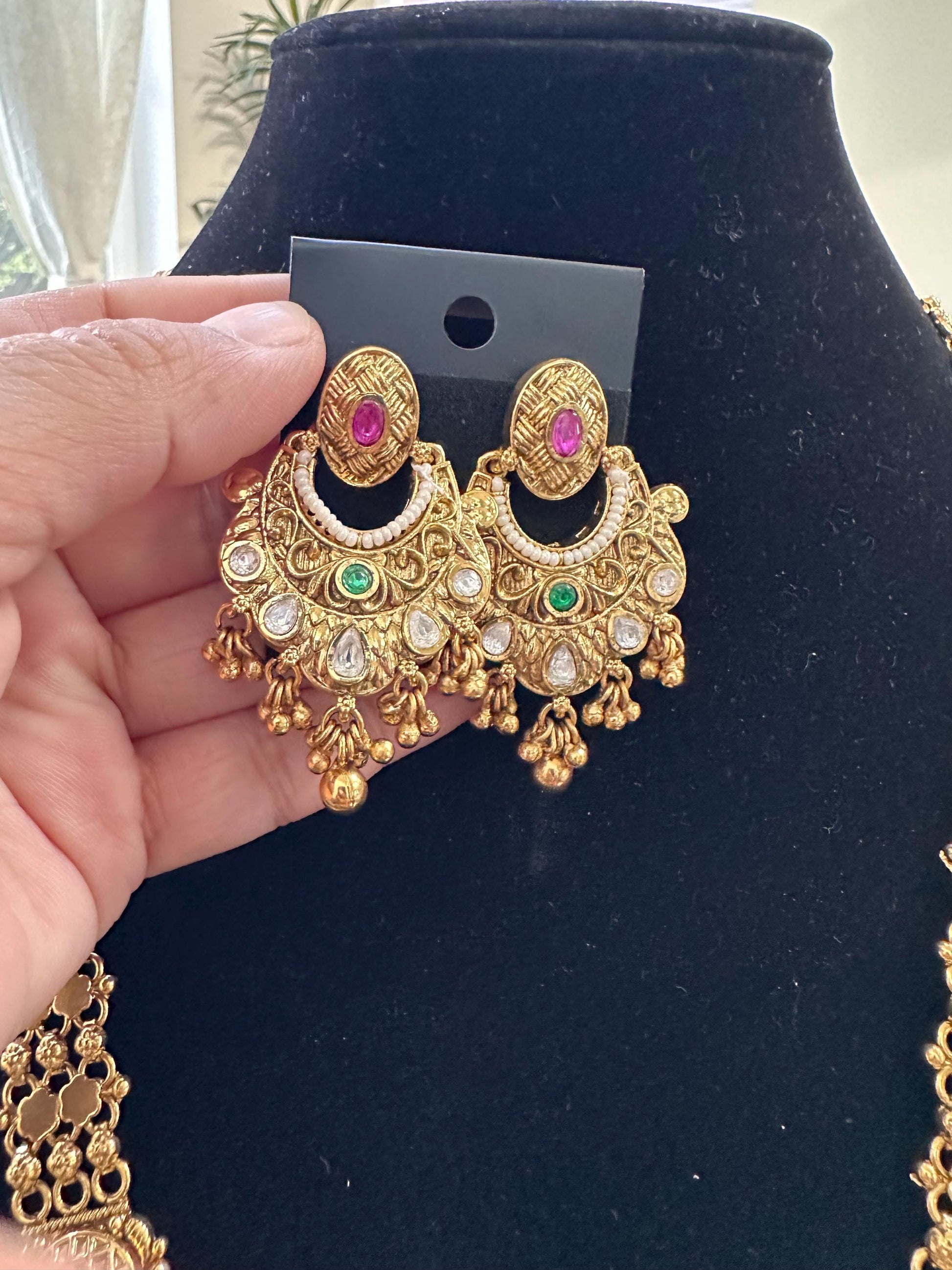 Rajwadi necklace set long, adjustable gold polished