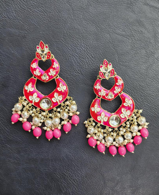 Bright pink kundan earrings, big, light gold, polished, lightweight