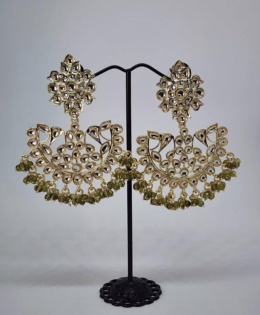 kundan earrings olive green beads light weight light gold polished Bollywood style