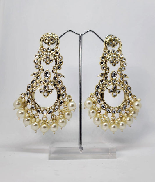Pearl kundan long earrings light weight gold polished