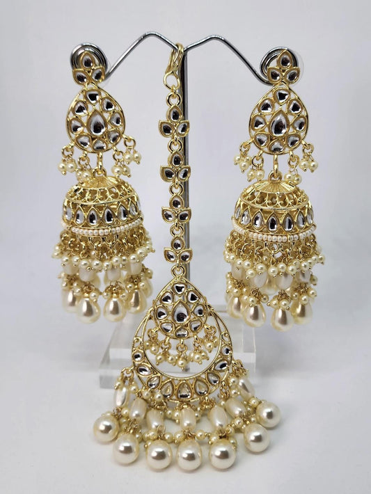 Pearl kundan jhumka long earrings and maang tikka combo light weight gold polished