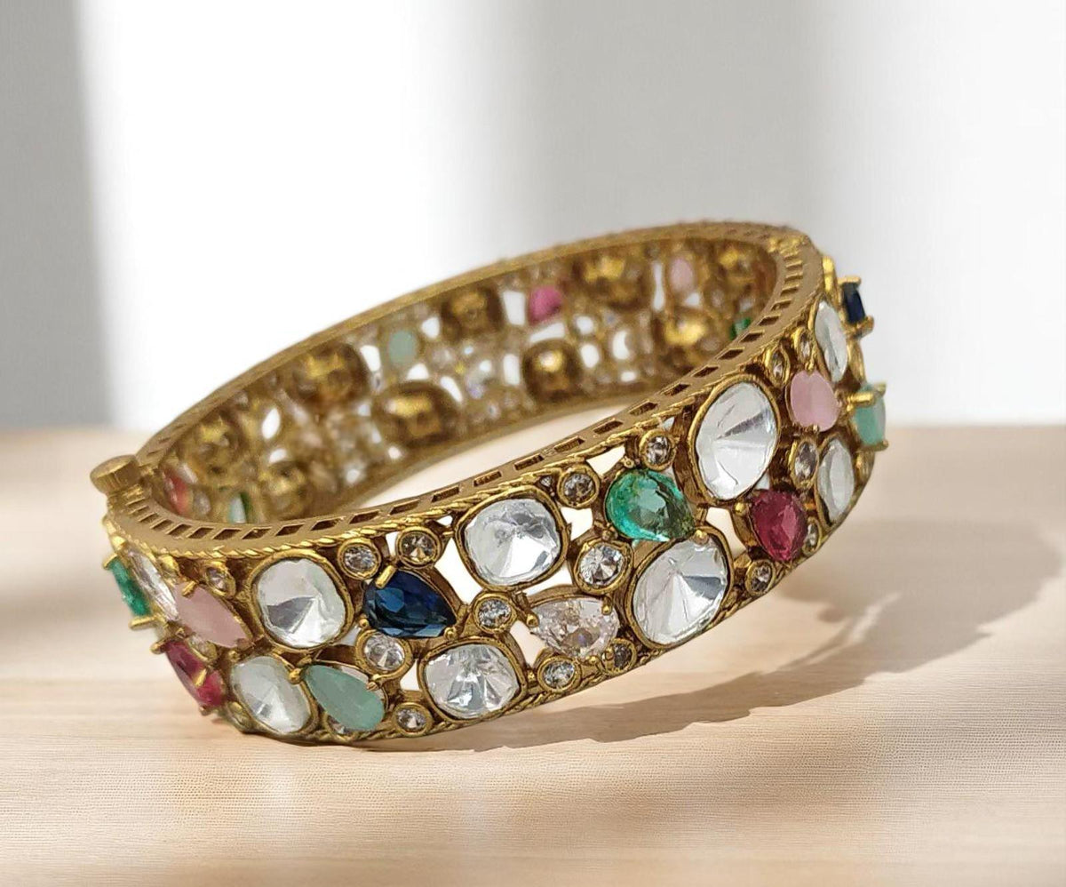 Polki and American diamonds kada bracelet gold polished