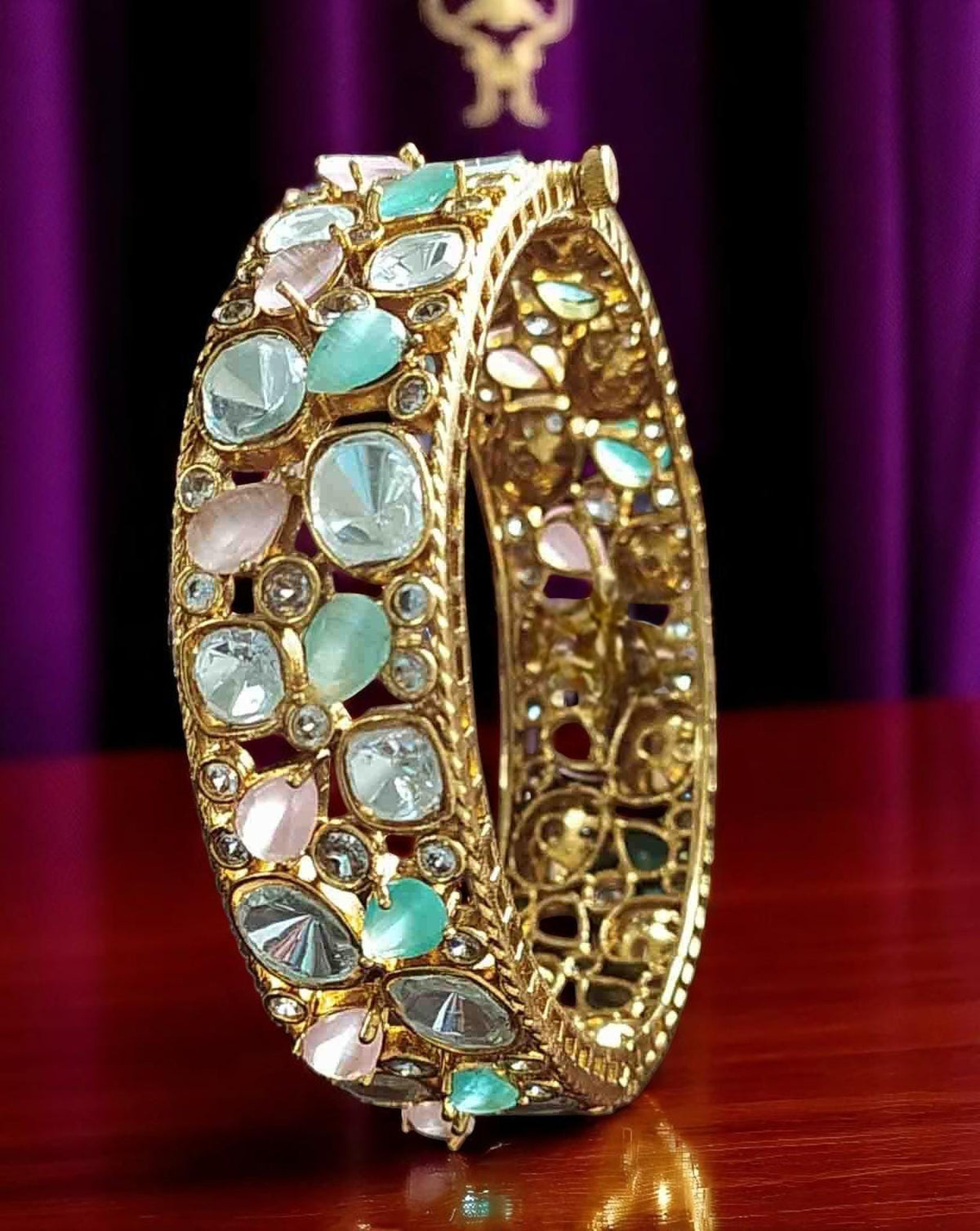 Polki and American diamonds kada bracelet gold polished