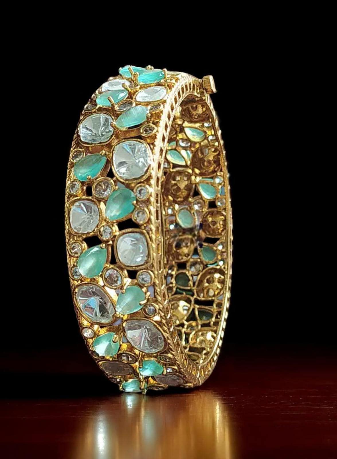 Polki and American diamonds kada bracelet gold polished