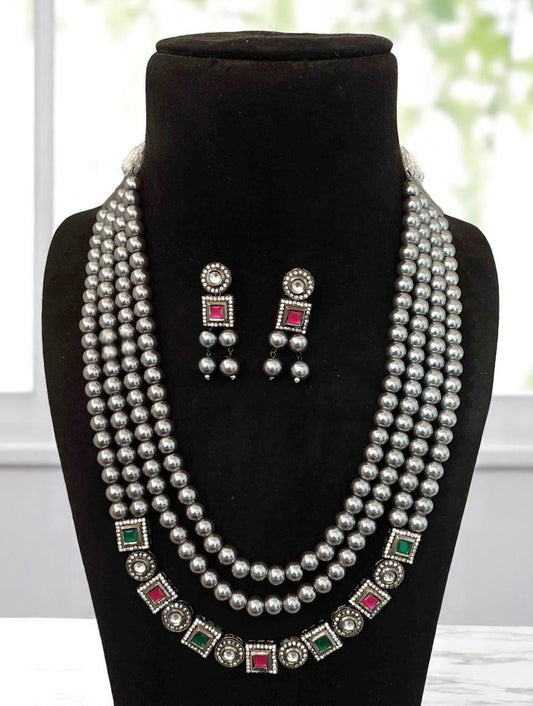 Silver pearls layered long necklace set with jadau