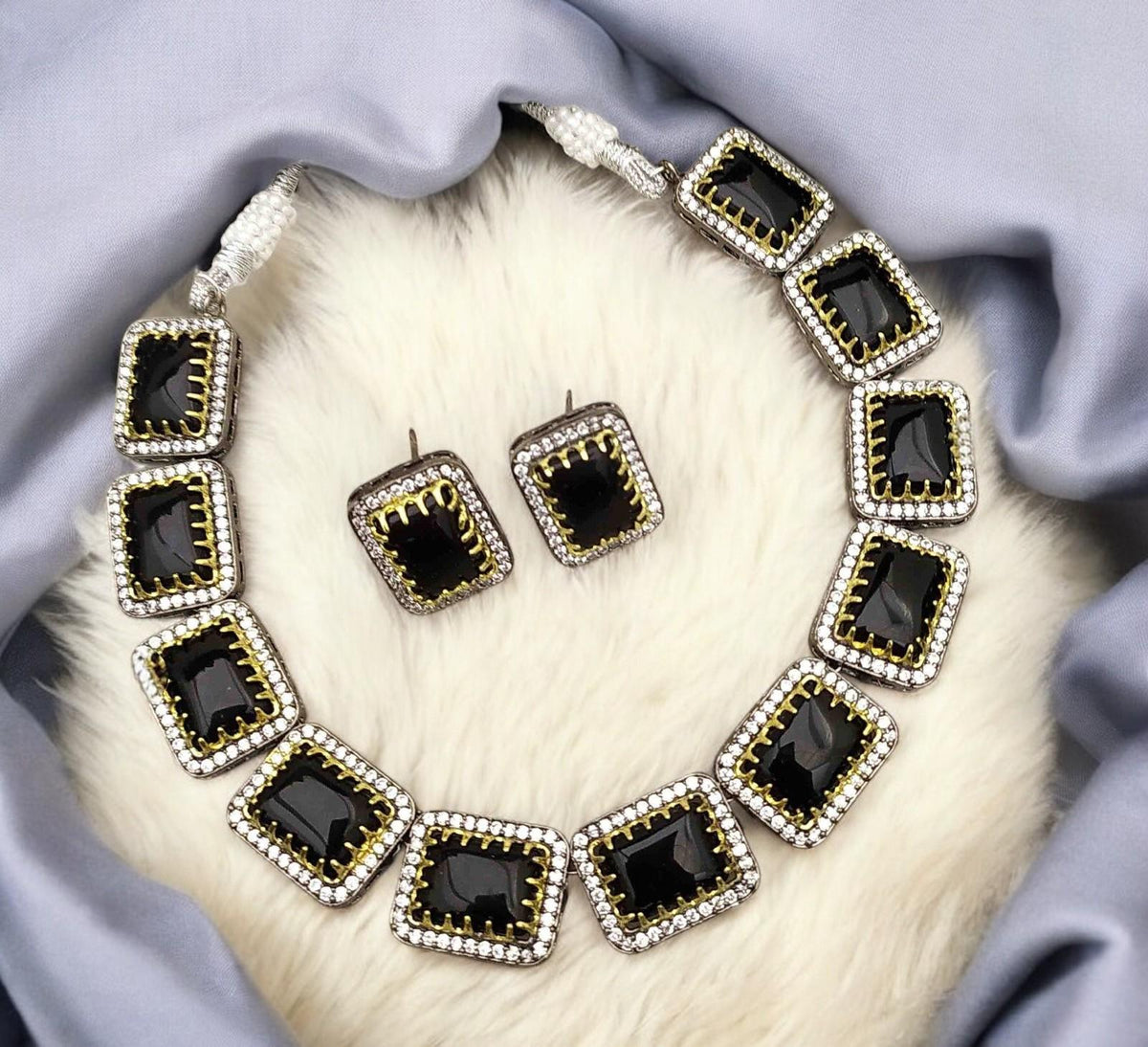 Black onyx necklace set with american diamonds, adjustable gold polished