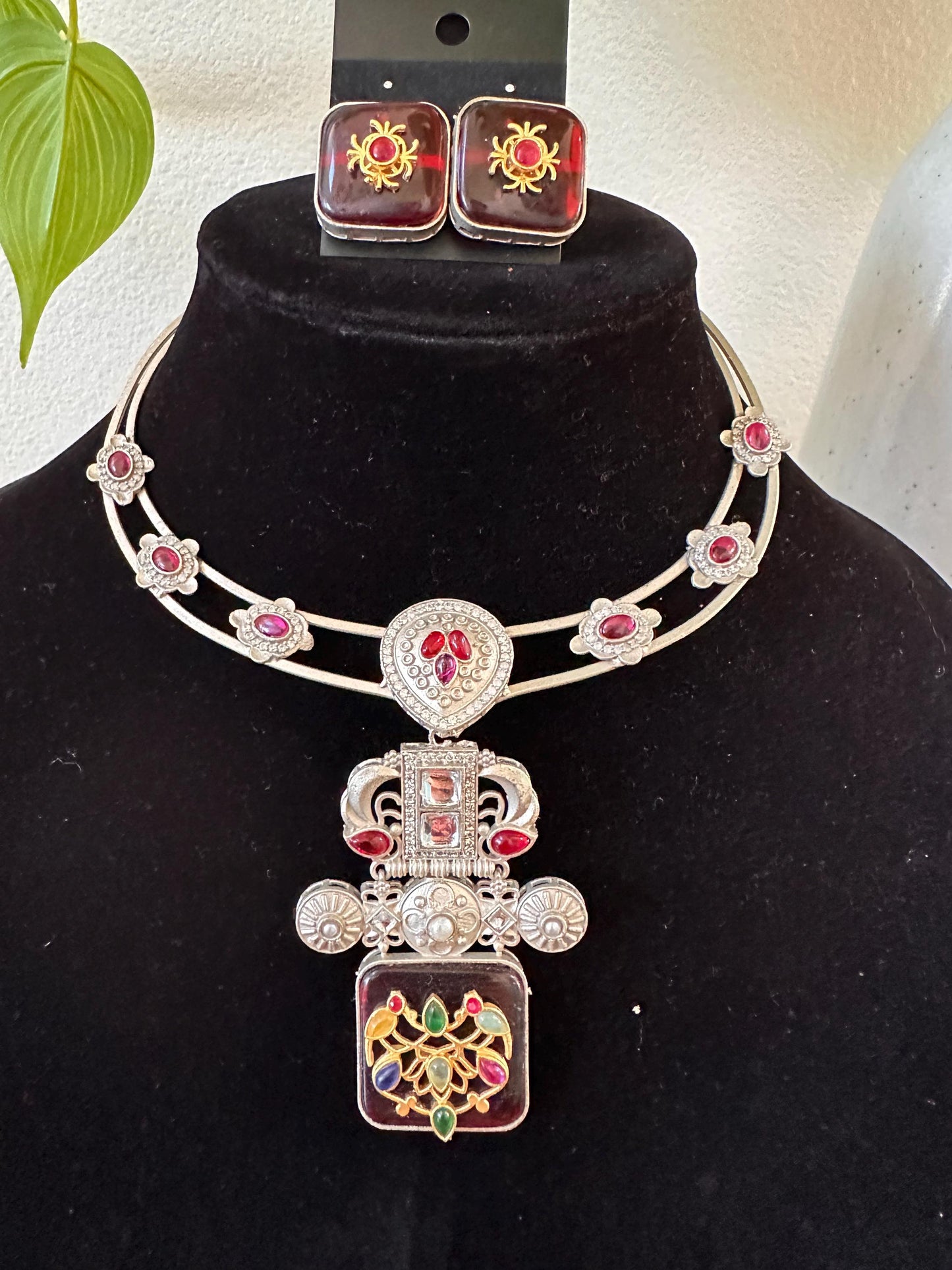 German silver hasli necklace set with doublet stones with inlay work