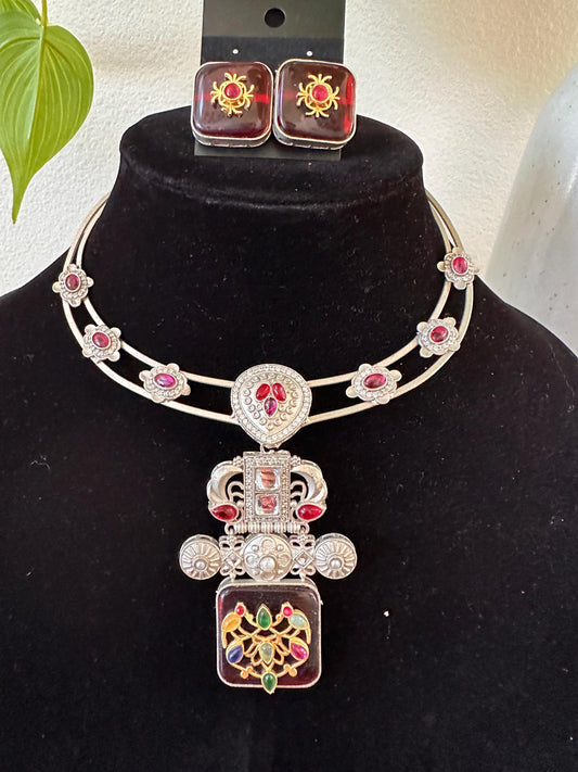German silver hasli necklace set with doublet stones with inlay work