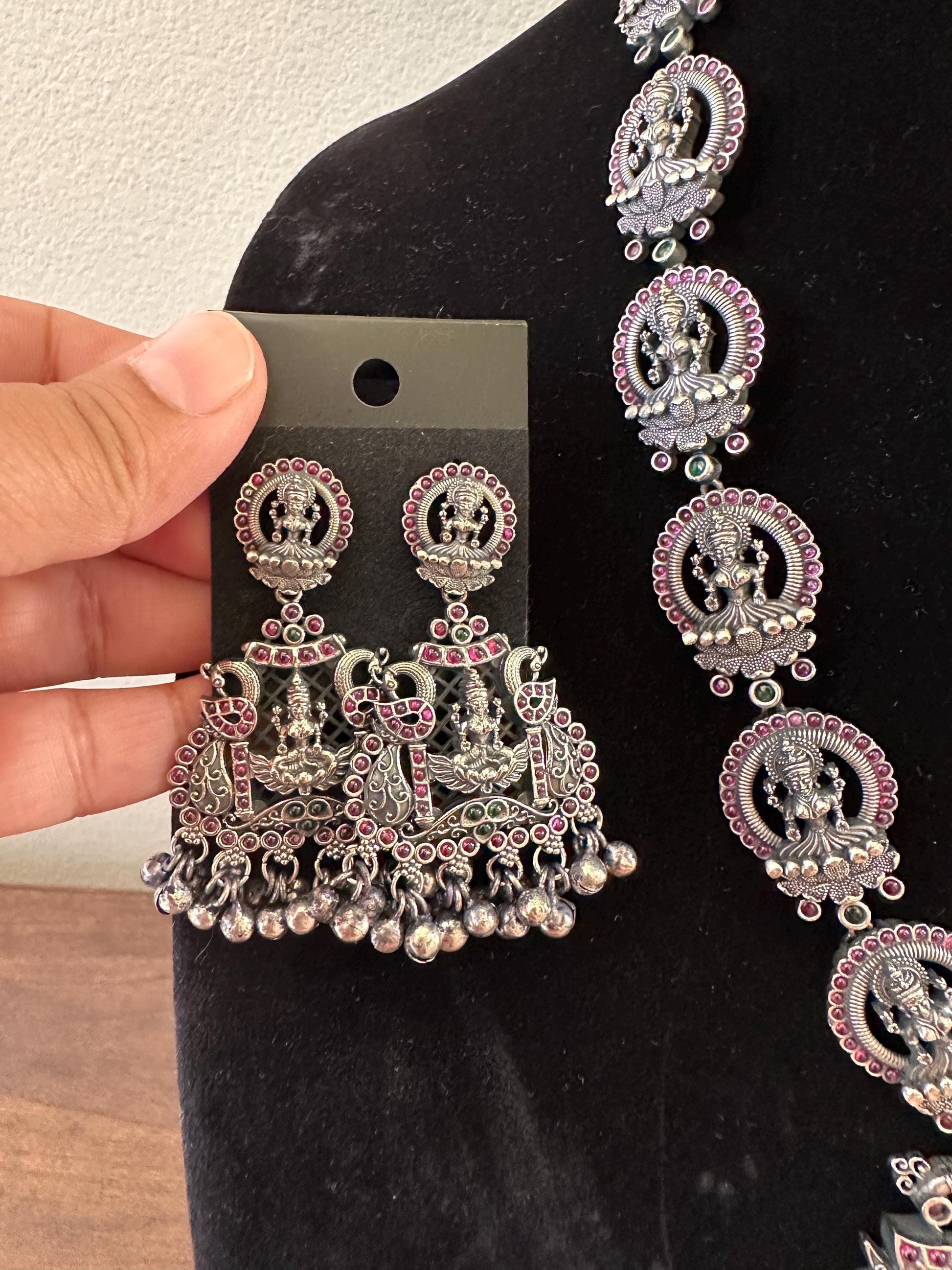 German silver temple jewelry long necklace set with rubies laxmi goddess design