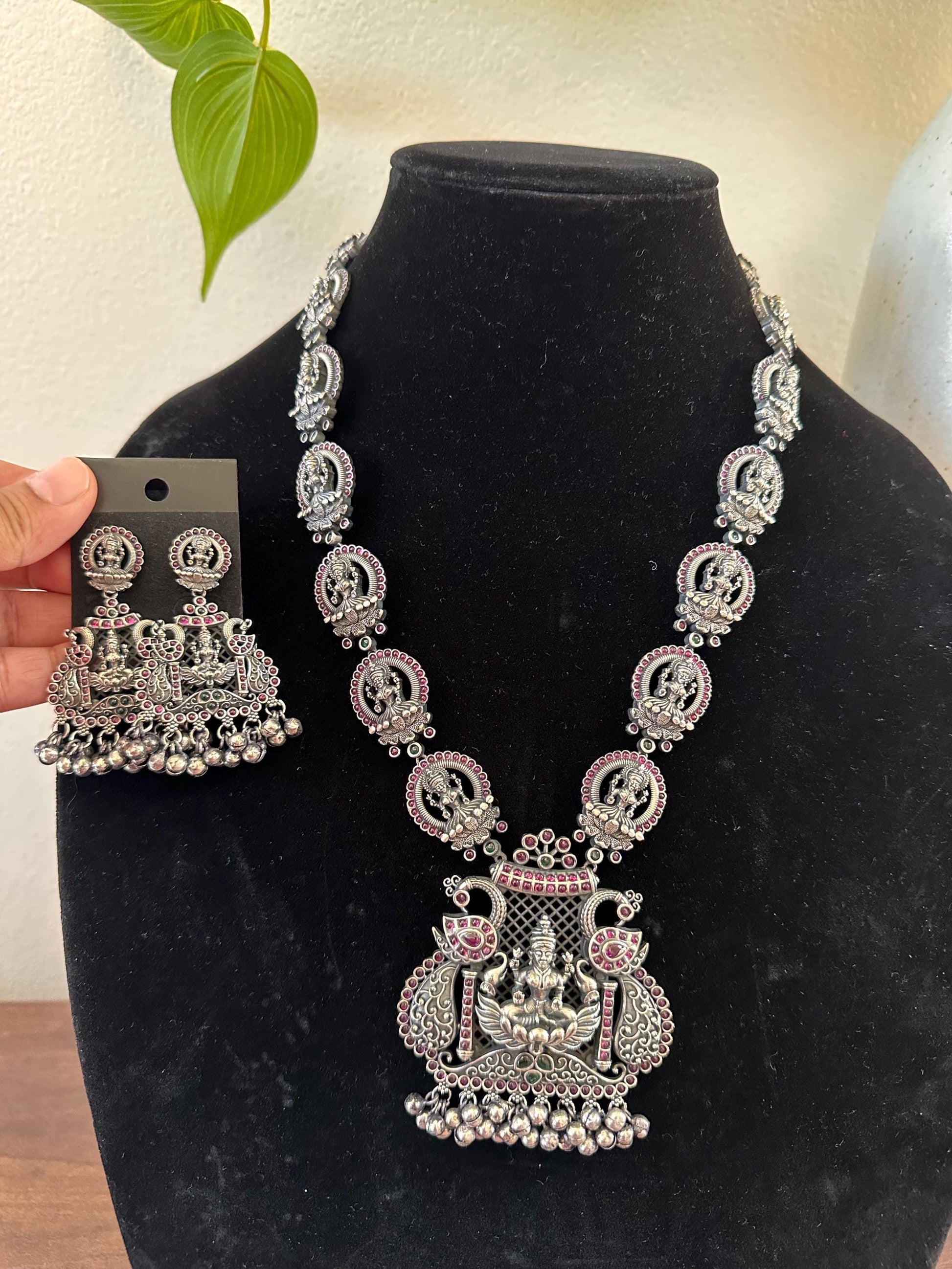 German silver temple jewelry long necklace set with rubies laxmi goddess design