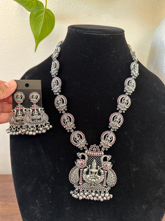 German silver temple jewelry long necklace set with rubies laxmi goddess design