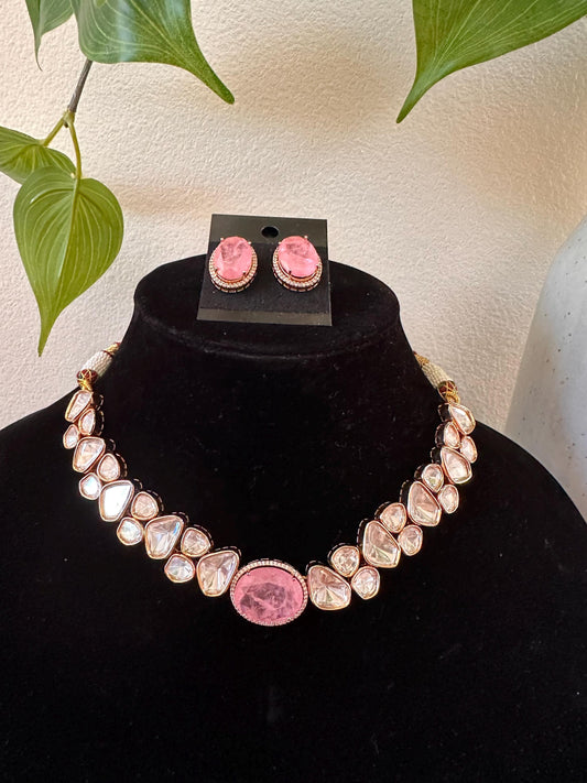 Mossanite Polki necklace set, American diamonds, adjustable gold polished with pink semiprecious doublet stone