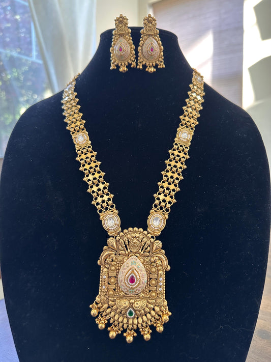 Rajwadi necklace set long, adjustable gold polished