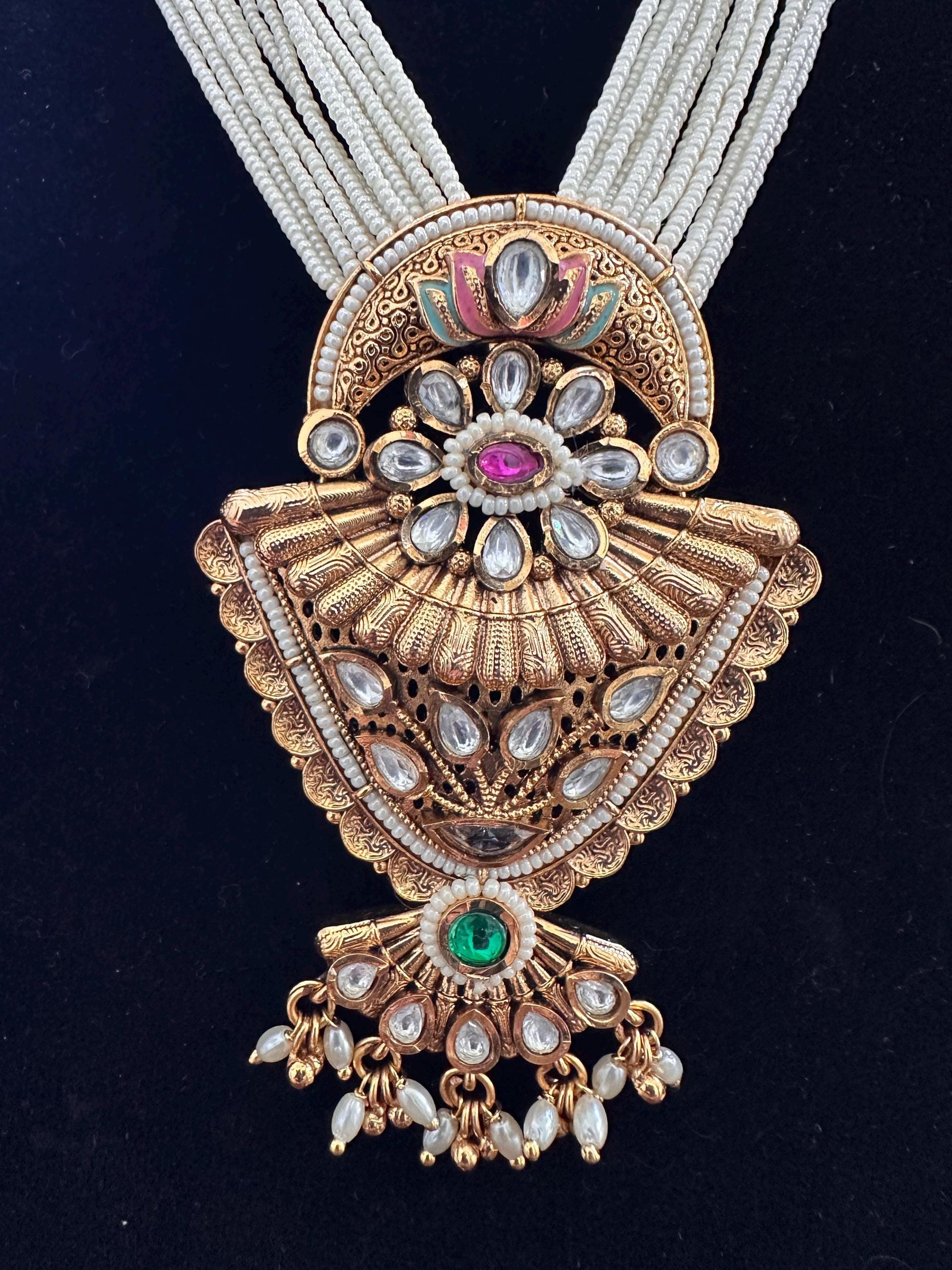Rajwadi necklace set long, adjustable gold polished