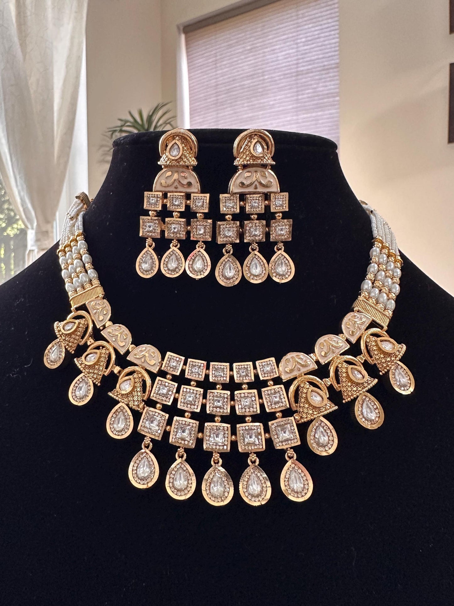 Rajwadi necklace set short with polki, adjustable antique gold polished