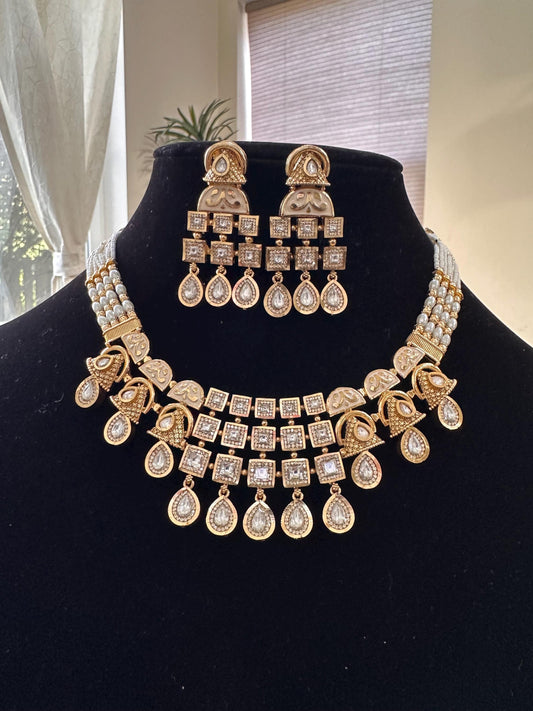 Rajwadi necklace set short with polki, adjustable antique gold polished