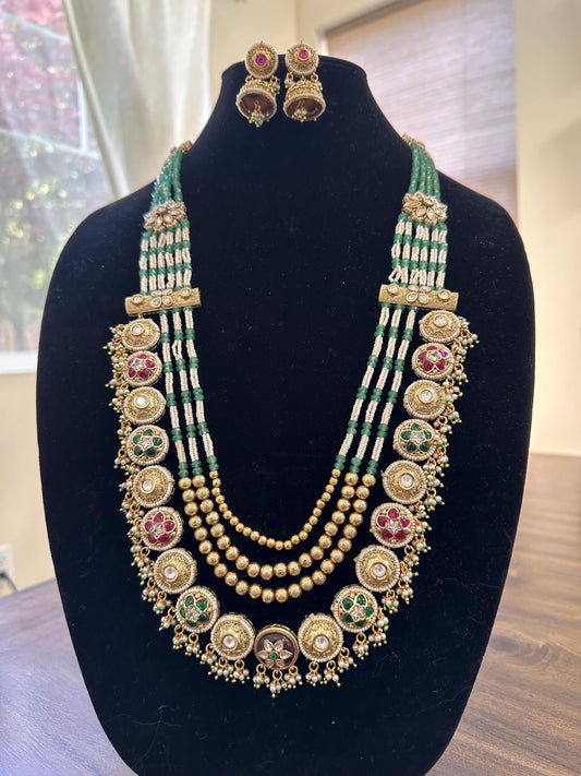 Pushpa 2 Rashmika Mandana inspired style Rajwadi necklace set long with polki and American diamonds, adjustable gold polished