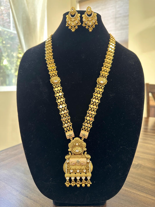 Rajwadi necklace set long, adjustable gold polished