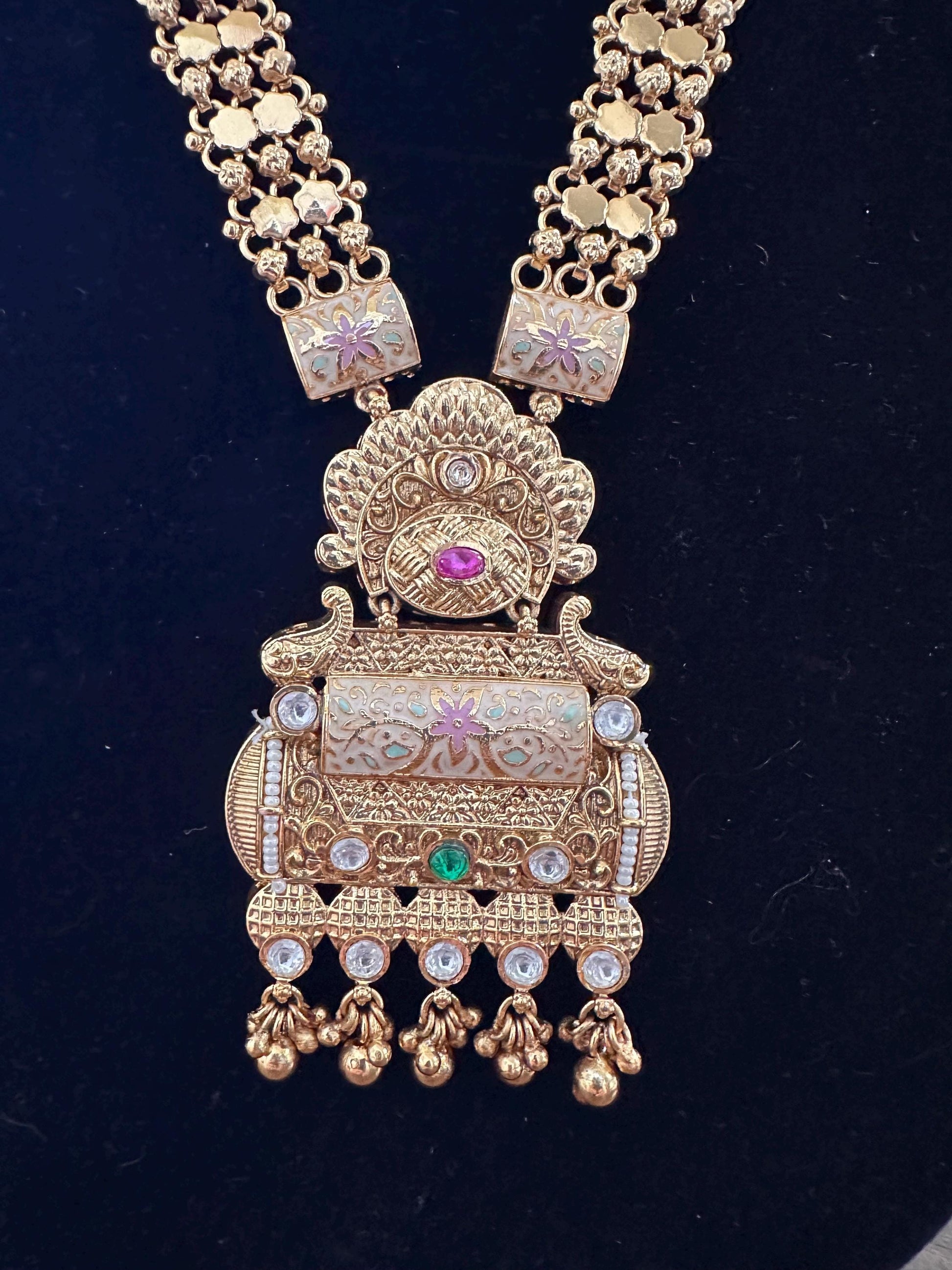 Rajwadi necklace set long, adjustable gold polished