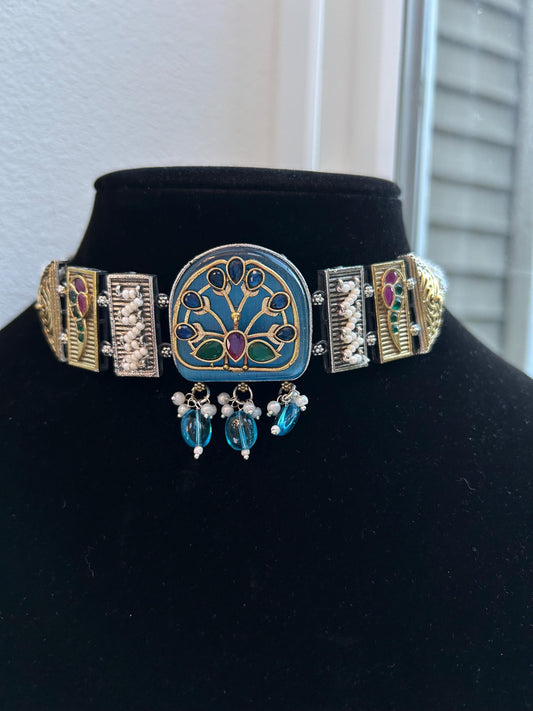 German silver choker necklace set with stone and inlay work