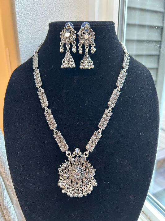 Oxidized necklace set silver with mirror work