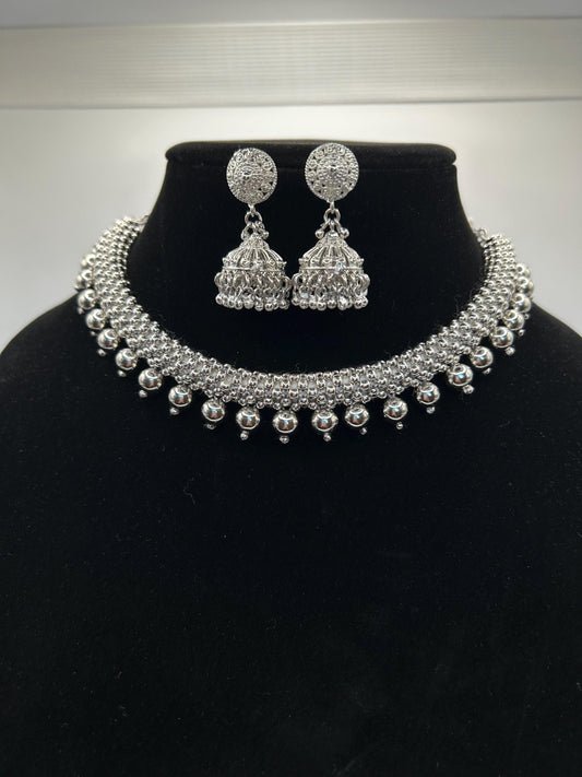Maharashtrian thushi in Oxidized silver necklace set light weight
