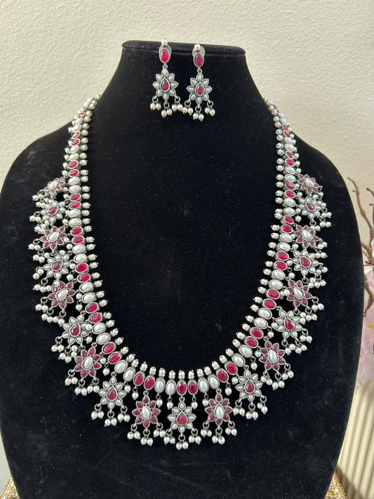 German silver necklace set with rhinestones and pearls