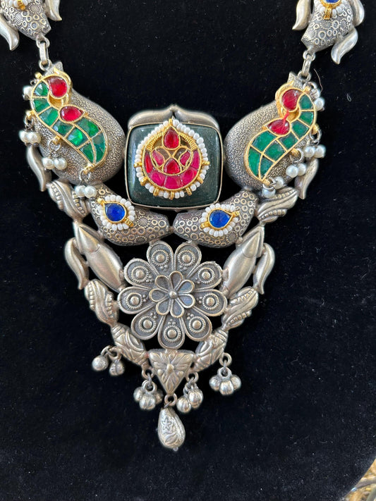 German silver necklace set with jadau Kundan Polki