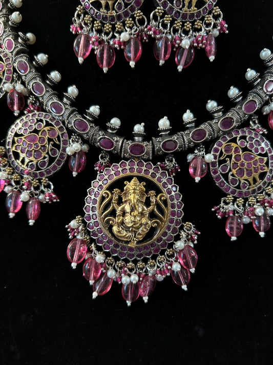 German silver necklace set with rhinestones Tempe jewelry style with Ganesha idol ganpati