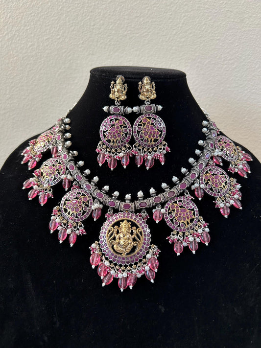 German silver necklace set with rhinestones Tempe jewelry style with Ganesha idol ganpati