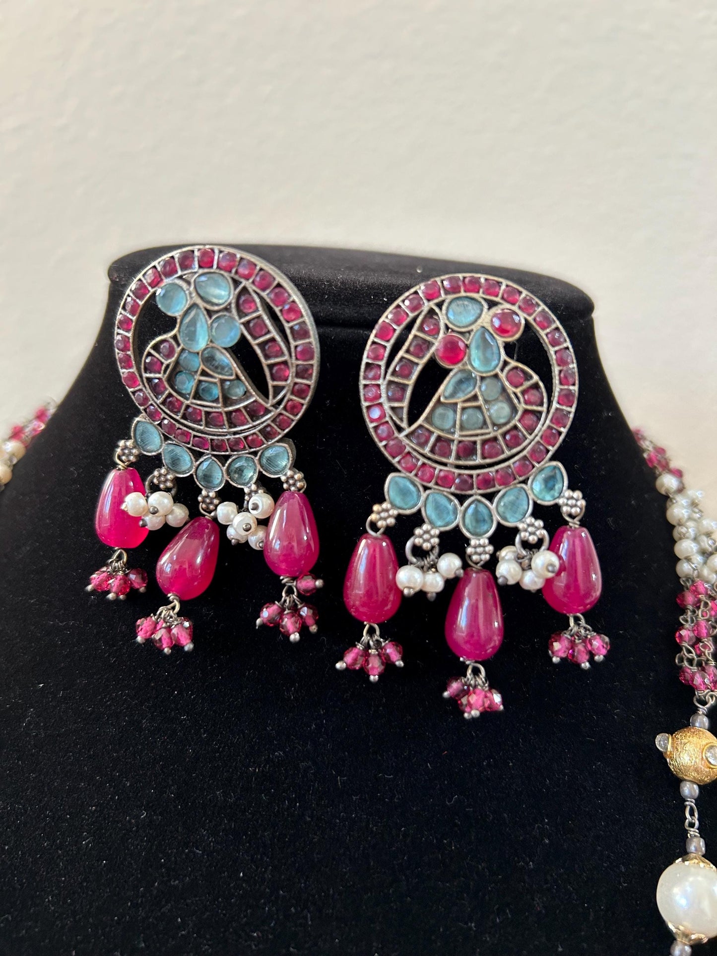 German silver necklace set with rhinestones and beads turquoise and ruby color