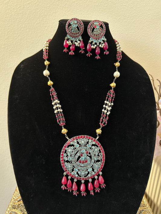 German silver necklace set with rhinestones and beads turquoise and ruby color