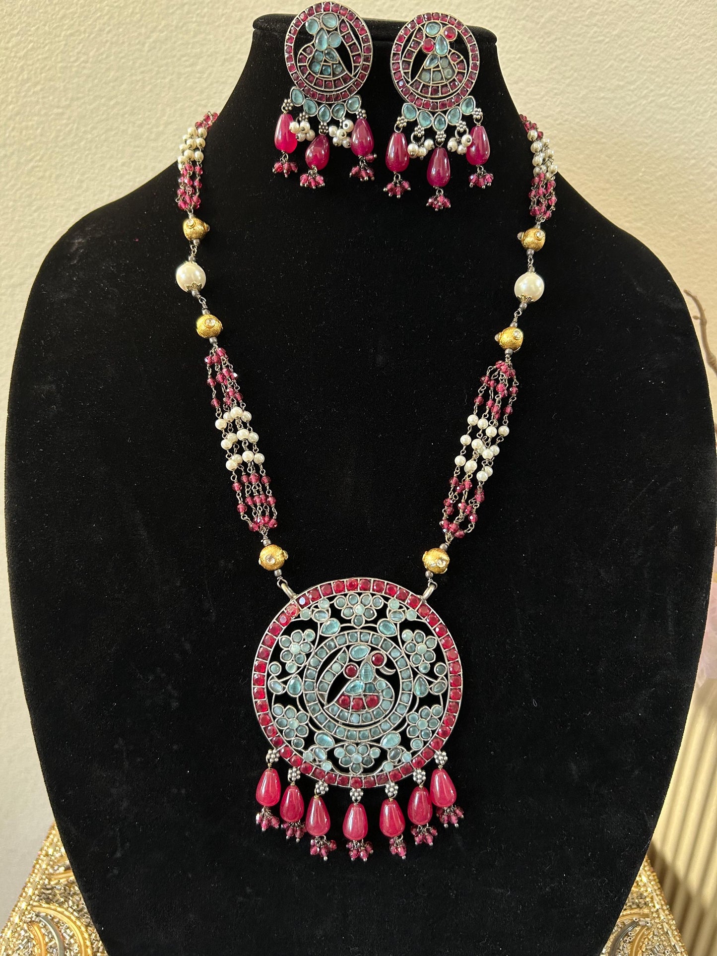 German silver necklace set with rhinestones and beads turquoise and ruby color
