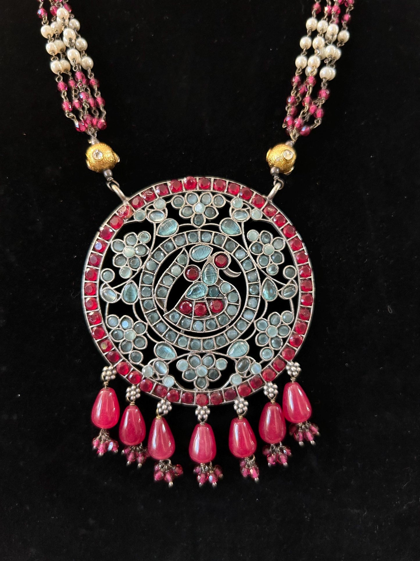 German silver necklace set with rhinestones and beads turquoise and ruby color