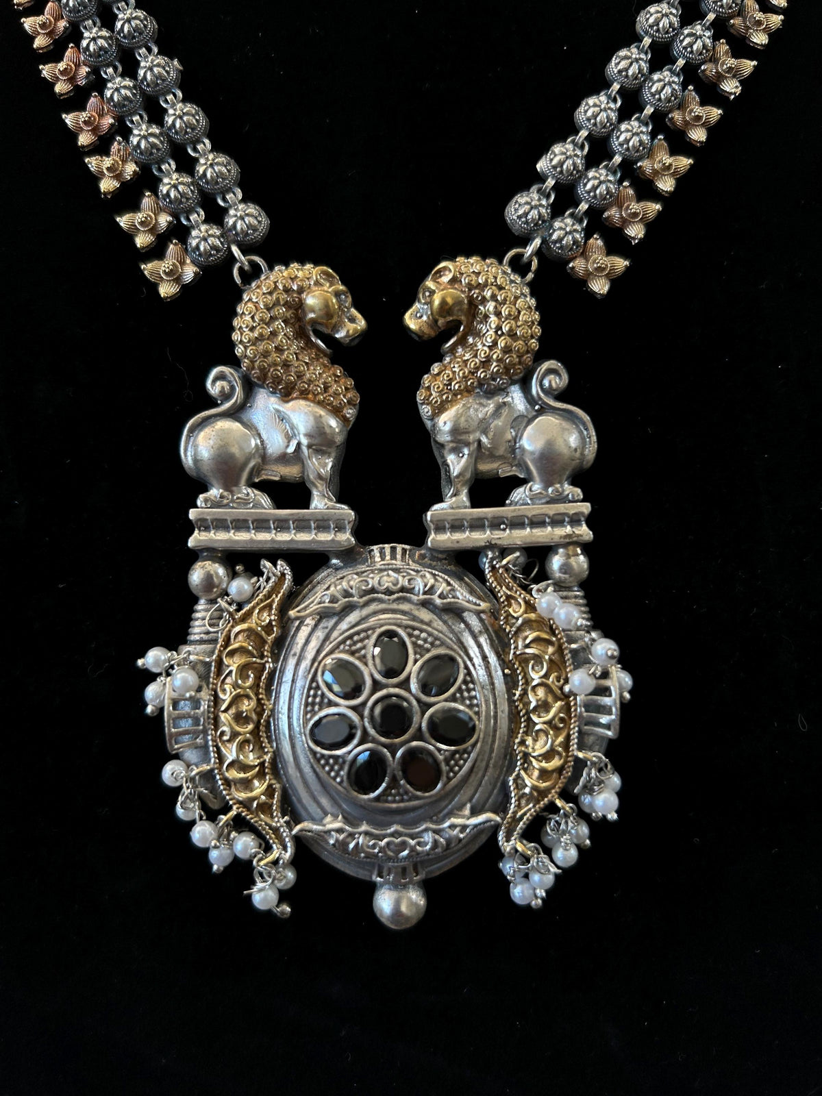 German silver necklace set with black rhinestones